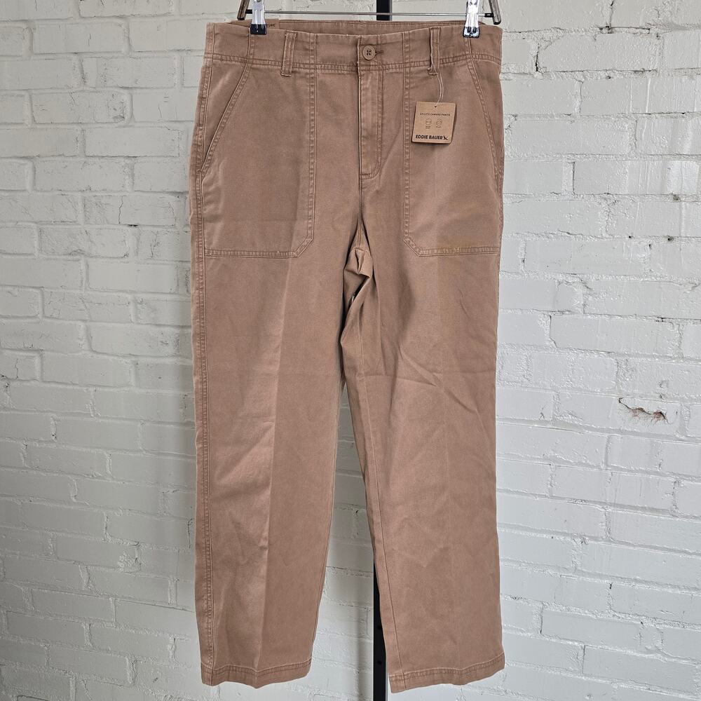 NWT Eddie Bauer Womens Utility Cargo Canvas Pants Size 12 Camel Brown Wide Leg